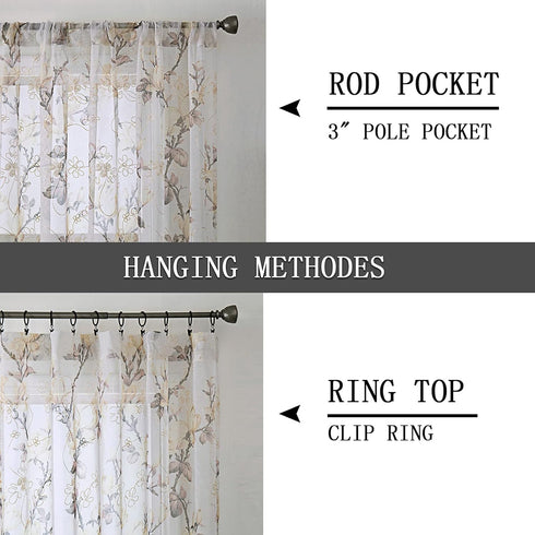 Tollpiz Floral Short White Sheer Tier Curtains, Set of 2 Panels, 30 x 24 inches, Flower Print Vine Embroidery for