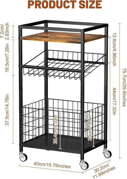 3-Tier Fruit Vegetable Cart, Snack Kitchen Cart on Wheels & Wood Top, Utility Shelf Rack Organizer for Fruit