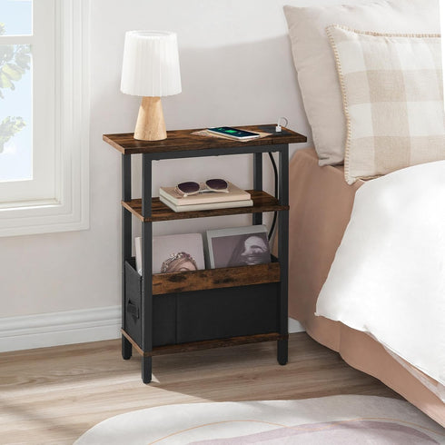Narrow Side Table with Charging Station - 3 Tier Small End Table for Small Spaces, Rustic Brown