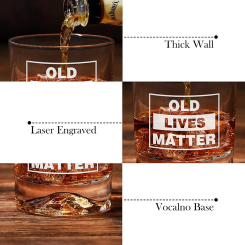OLD LIVES MATTER Whiskey Glass, Funny Gag Gift for Men Dad, Unique Presents for Fathers Day Christmas Birthday
