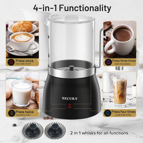 17oz 4-in-1 Secura Detachable Milk Frother and Steamer, Electric Milk Warmer with Glass Jug, Hot & Cold Foam Maker