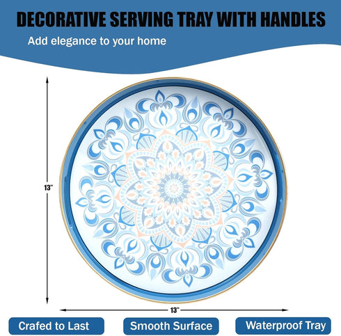13 Round Blue Decorative Tray for Coffee Table, Ottoman, Plastic Serving Platter Tray with Handles for Entertaining