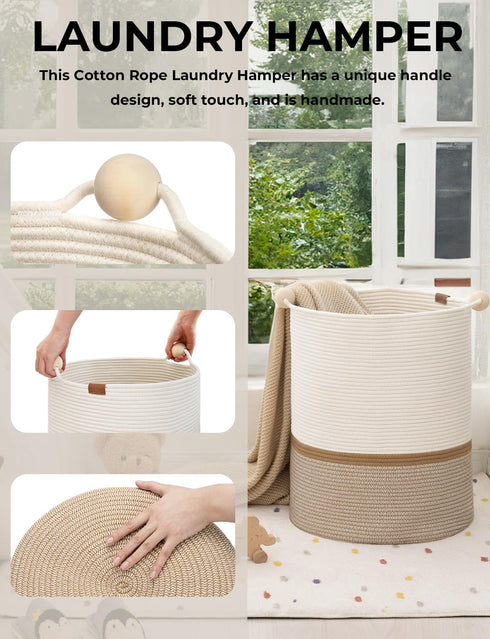 StorageWorks 72L Cotton Rope Laundry Basket with Wooden Beads Handles, Woven Storage for Clothes, White & Khaki
