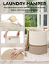 StorageWorks 72L Cotton Rope Laundry Basket with Wooden Beads Handles, Woven Storage for Clothes, White & Khaki