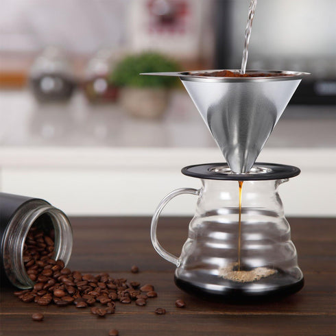 LHS Stainless Steel Pour Over Coffee Dripper - Reusable Metal Cone Filter - Single Cup Coffee Maker 1-4 Cup