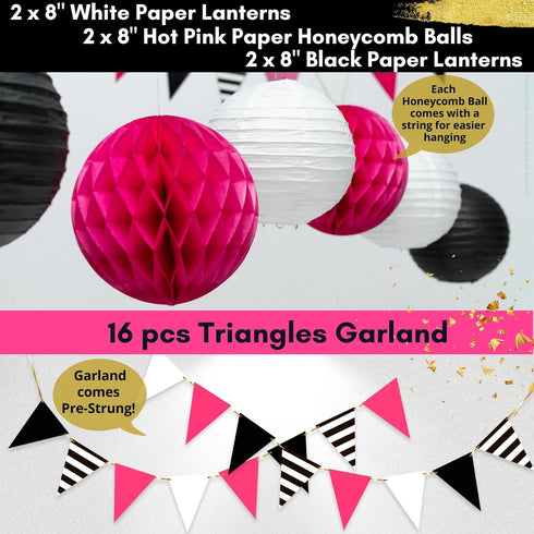 Hot Pink and Black Birthday Decorations, Happy Birthday Banner Garland, Paper Decor, Balloons, Cake Topper, Sash
