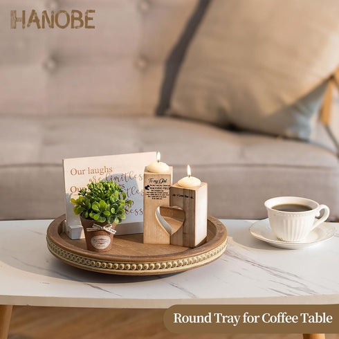 Lazy Susan Organizer Wooden Turntable, Hanobe Brown Round Wood Trays 12" for Kitchen Counter Home Decor