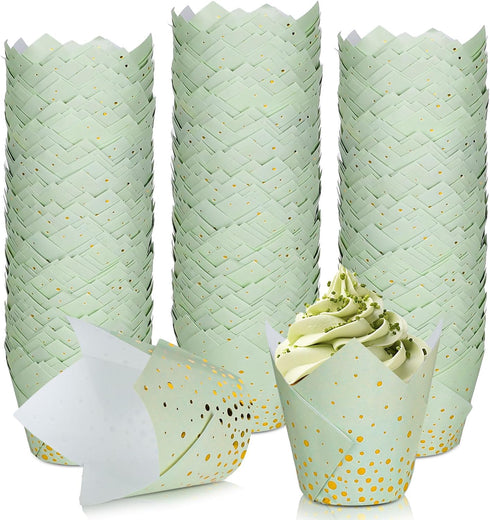 Whaline 200Pcs Sage Green Gold Dots Tulip Cupcake Liners, Greaseproof Muffin Baking Liners for Party Decor