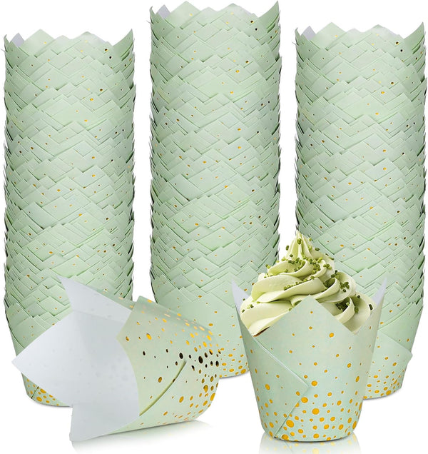 Whaline 200Pcs Sage Green Gold Dots Tulip Cupcake Liners, Greaseproof Muffin Baking Liners for Party Decor