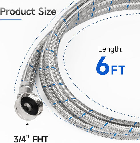 JUWO 6 FT Washing Machine Hoses with 90 Degree Elbow, 3/4" FHT Stainless Steel Washer Hoses, For Short to Moderate-Distance Water Supply in Small & Medium Residences, Red & Blue (2-Pack)