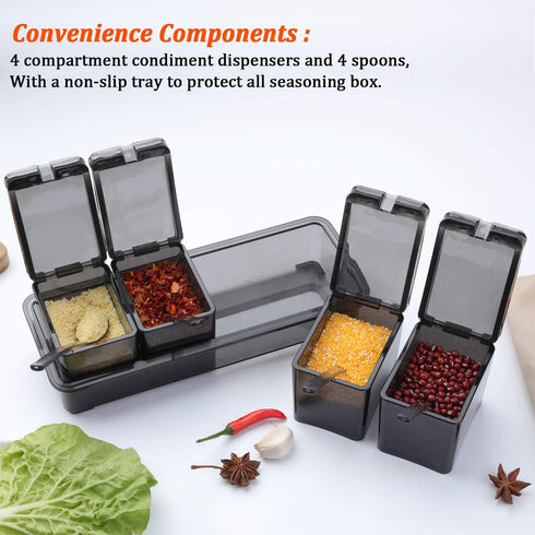 V·RESOURCING Elegant Black Seasoning Box, 4 Pieces Storage Container Cruet for Home Kitchen, Condiment Jars