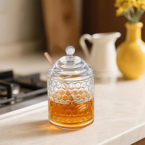 TPSUIPA 9 oz 2 Clear Crystal Glass Honey Pot with Dipper Sticks - No Drip Honey Dispenser Jar with Lid, Syrup Honey