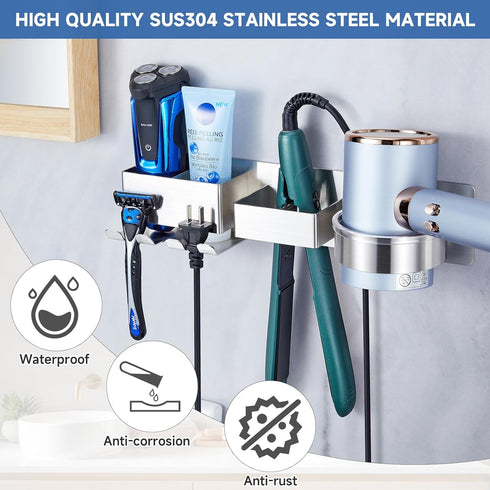Hair Dryer Holder Wall Mounted, Stainless Steel Hair Tool Organizer, Adhesive Blow Dryer Holder with Curling Iron
