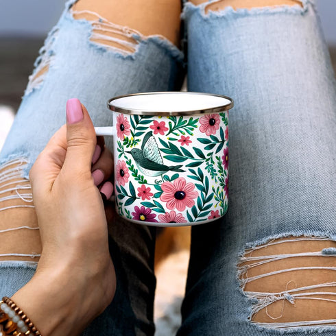 Floral Hummingbird Enamel Camping Coffee Mug, Botanical Garden Gift Cup for Women and Friends