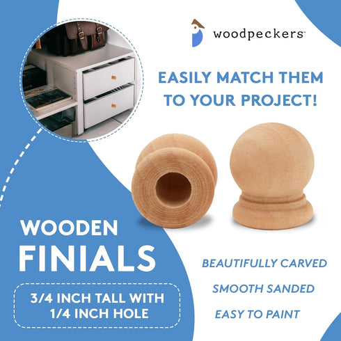 Wood Finials, 3/4 Inch Tall with 1/4 Inch Hole, Unfinished Wood Caps for Crafts and DIY, Pack of 100 by Woodpeckers
