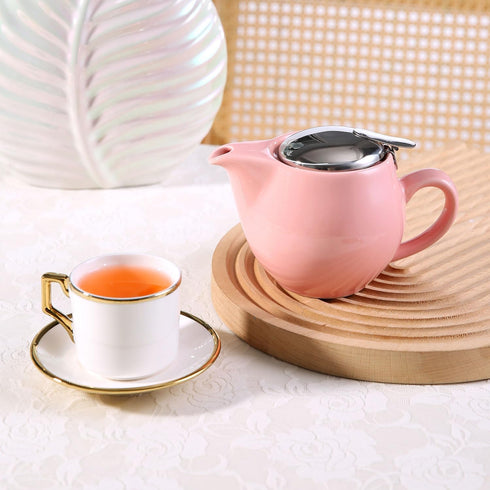 Small Ceramic Teapot with Stainless Steel Infuser - Heat Resistant Pink Tea Pot for Loose & Blooming Tea, 350ml