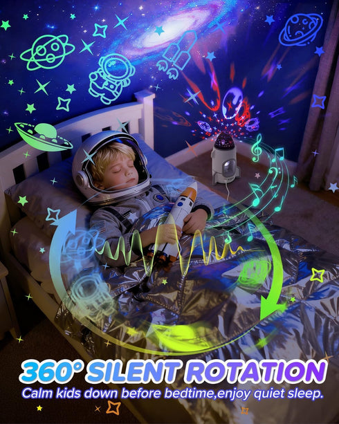360 Rocket Night Light Projector for Kids Boys Toddlers Sensory Toys with Music&Films,Nightlight Lamp Astronaut Ceiling