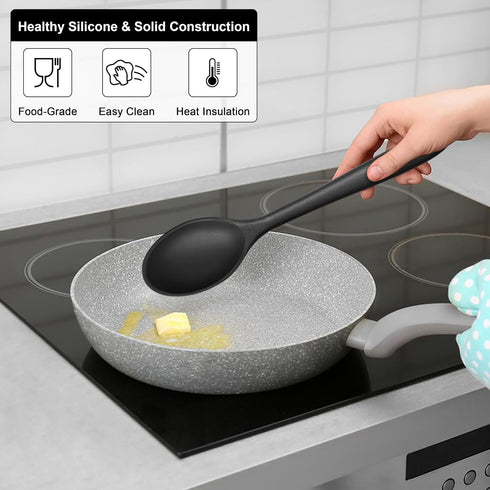 E-far Silicone Cooking Spoon Set of 2, Heat Resistant Nonstick Kitchen Spoons for Baking, Stirring, Serving (Black)