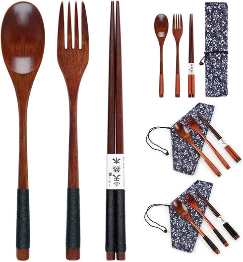 Wooden Chopsticks Spoon Fork Set, Japanese Style Tableware Travel Utensils with Pouch for Camping and Office