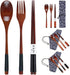 Wooden Chopsticks Spoon Fork Set, Japanese Style Tableware Travel Utensils with Pouch for Camping and Office