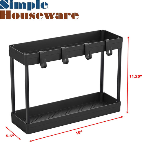 Simple Houseware 2-Tier Under Sink Organizer Storage Tray with Hooks, Black