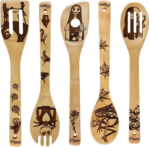 Nightmare Wooden Spoons, Fun Idea Serving Utensils Set, Burned Bamboo Kitchen Spoons, 5 Piece