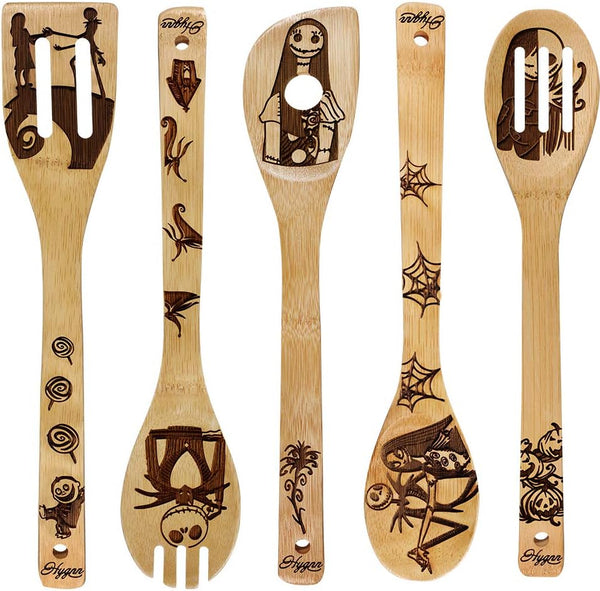 Nightmare Wooden Spoons, Fun Idea Serving Utensils Set, Burned Bamboo Kitchen Spoons, 5 Piece