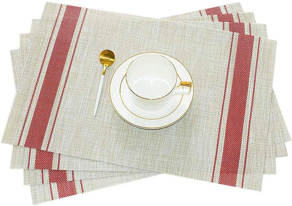 GIVERARE Placemats Set of 4, Stripe Red Heat-Resistant Woven Vinyl, Non-Slip Washable PVC Table Mat for Dining