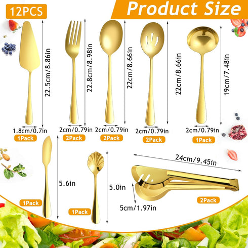 Gold Serving Utensils,12 Pcs Stainless Steel Serving Utensils Set with Slotted Spoons,Serving Spoons,Forks,Tongs,Butter Knife,Soup Ladle,Pie Server,Buffet Serving Utensils for Parties Wedding by Cptoion