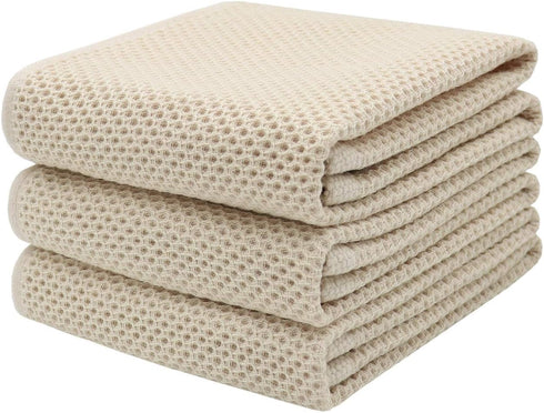 Mia's Dream Soft Absorbent Cotton Waffle Weave Kitchen Dish Cloth, 3 Pack 13x28 inch (Beige)
