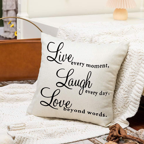Ogiselestyle Motivational Sign Throw Pillow Case, Live Every Moment, Laugh Every Day, Love Beyond Words, 18" x 18"