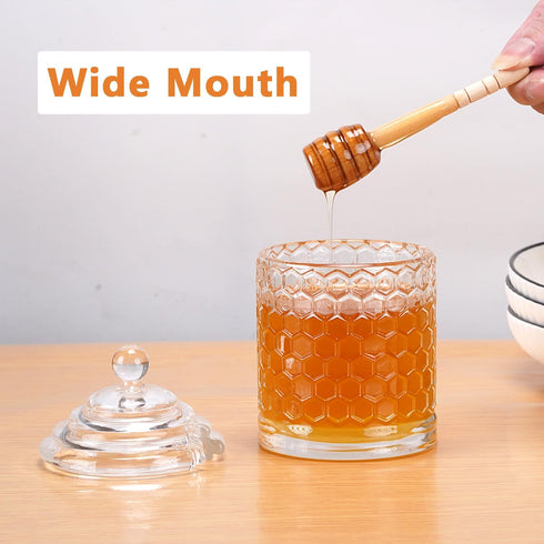 Honey Jar with Dipper and Lid, Thick Glass Honey Pot with Lid and Wooden Dipper, Wide Mouth Food Containers, Honey