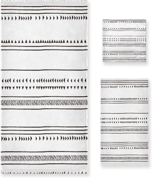 YOCIBIUT 3 Piece Black and White Boho Bath Towels Set,Microfiber Absorbent Geometric Chic