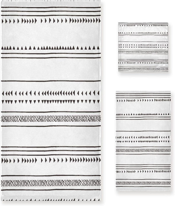 YOCIBIUT 3 Piece Black and White Boho Bath Towels Set,Microfiber Absorbent Geometric Chic