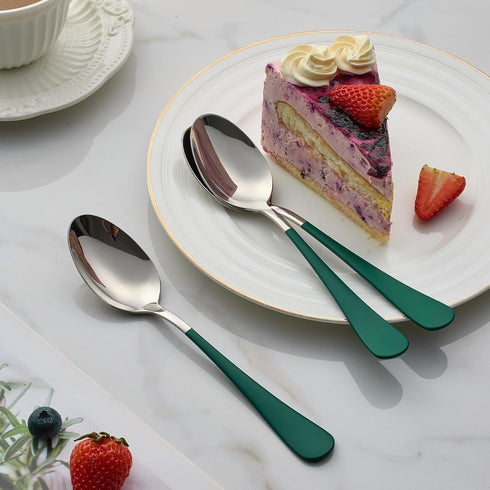 Set 24 18/0 Spoon,7.3-inch Sets Set 24,Mirror Green Dinne spoons Piece,Green Handle Silverware Spoon Stainless Steel