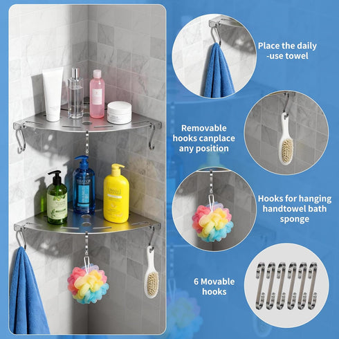 Generic 2 Pack 304 6 40 lbs Corner Shower Shelves, Stainless Steel Corner Shelf Bathroom with Hooks Heavy Duty, Durable