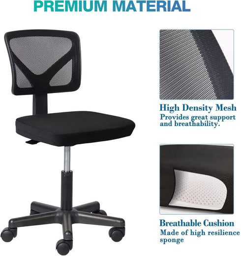 AFO Small Desk Chair, Armless with Ergonomic Lumbar Support, Adjustable Height, 360 Degree Swivel