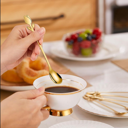 Gold Tulip/Rose Handle Mini Coffee Spoons Set, 12-Pcs Stainless Steel for Espresso, Tea, Dessert - Ideal for Small