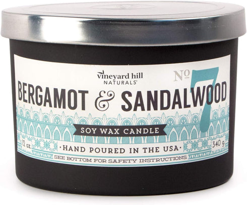 Paddywax Vineyard Hill Naturals Matte Black Letterpress 3-Wick Scented Candle, 12-Ounce, Bergamot & Sandalwood