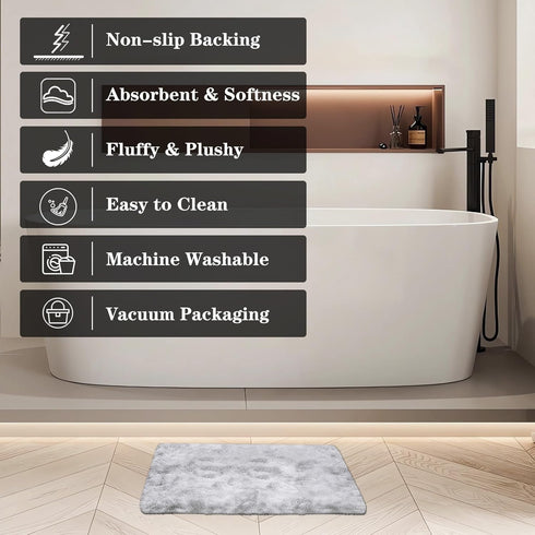 ConCus-T Grey Bath Mat, Faux Fur Plush Anti Slip Bathroom Rug Doormat for Bedroom, Tie-Dye Light Grey, 24''X16''