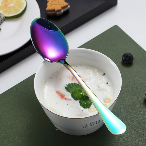 Kyraton Rainbow Dinner Spoons, 6 Pieces 7.5" Stainless Steel Table Spoons with Colorful Titanium Plating