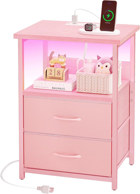 2 Fixwal Night Stand with Charging Station, LED Nightstand with U-S-B Ports and Outlets, Fabric Storage Drawers with PU
