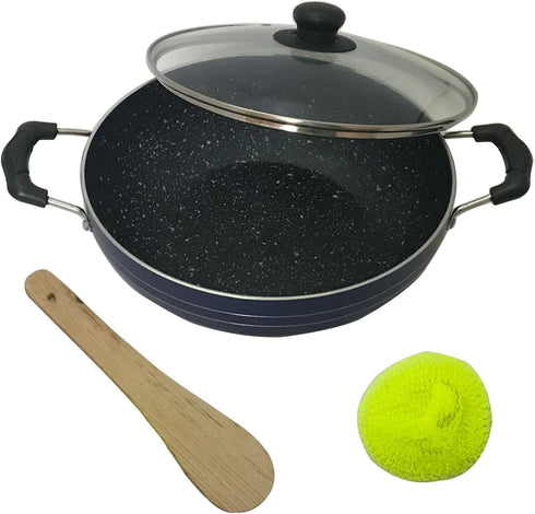 Non Stick Kadai with Glass Lid, Deep Stir Fry Pan for Gas and Induction Cooktops, 2.2 Litre Aluminium