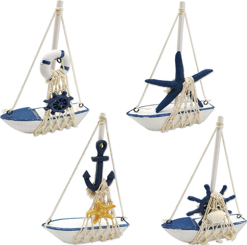 TIHOOD 4PCS Mini Sailboat Model Decoration Wooden Miniature Sailing Boat Home Decor