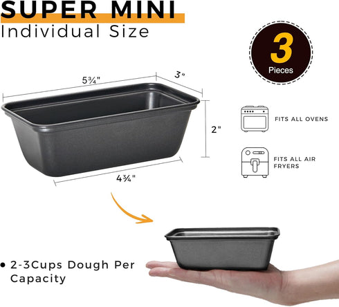 HONGBAKE Mini Loaf Pan for Baking Bread, 6 x 3.3 x 2 In Nonstick Small Banana Bread Tins Set of 3, Tiny Carbon Steel Meatloaf Pan - Dark Grey by HONGBAKE