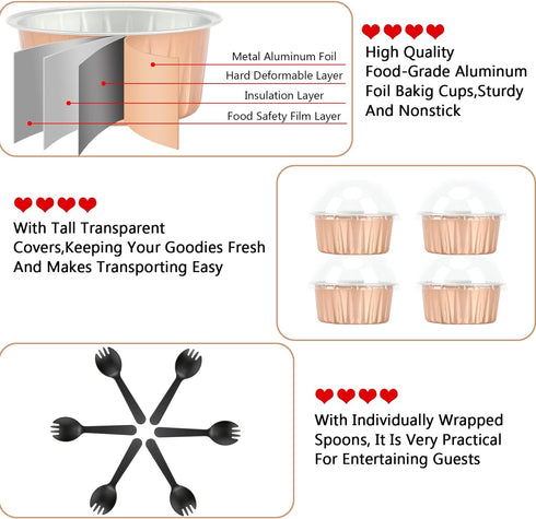Jumbo 5oz Aluminum Foil Cupcake Liners with Lids - 50 Pack Disposable Ramekins for Mini Cake Baking