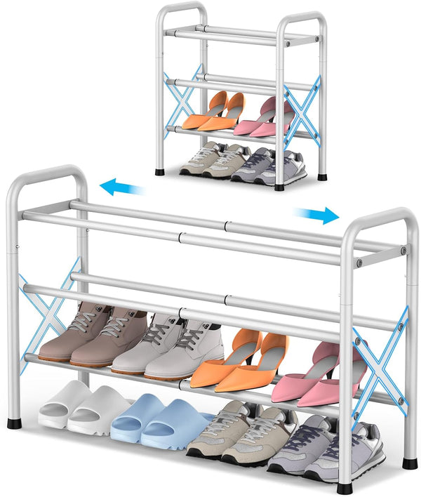 YEASHEIN 3-Tier Expandable Shoe Rack for Closet Floor, X-Frame Metal Small Shoe