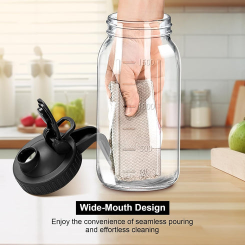 NIJIALGEXPY 64oz 2 Glass Pitcher with Lid, Quart Mason Jar Pitchers with Lid and Spout, Wide Mouth Breast Milk Pitcher