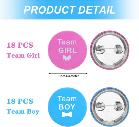 WILLBOND 72 Pcs Gender Reveal Decorations - 36 Team Boy or Girl Pins & 36 Bracelets for Baby Shower Games