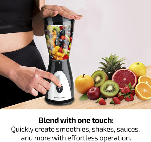 OVENTE Kitchen Personal Blender, 13.5 Ounce Small BPA-Free Jar, Stainless Steel Blades, 180 Watt Electric Mixer, Black